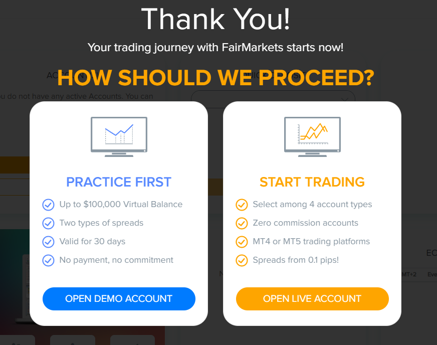 Review of FairMarkets’ user account — Select an account type