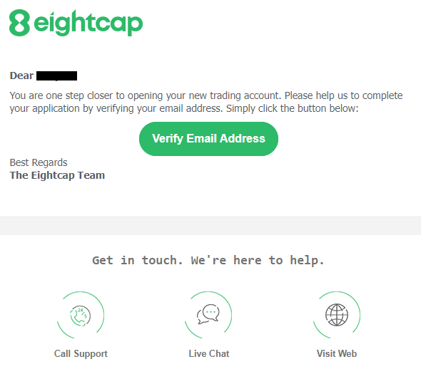 Revizuirea Eightcap's User Account - Confirmarea înregistrării prin e-mail