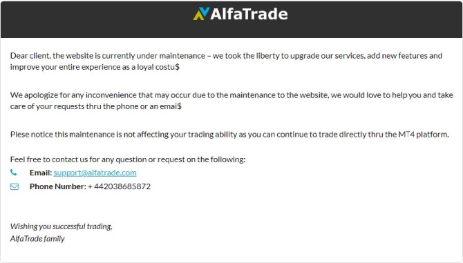 The official Alfatrade website is unavailable