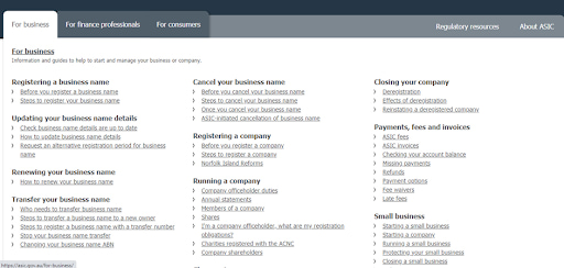 ASIC Website Sections — For business