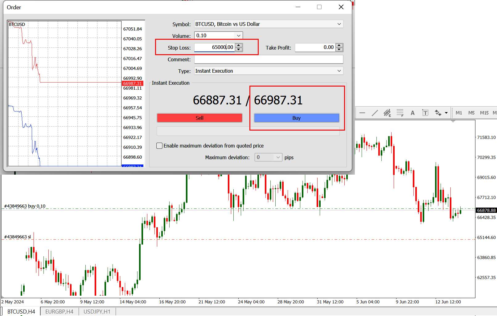 Example of setting StopLoss on a market order