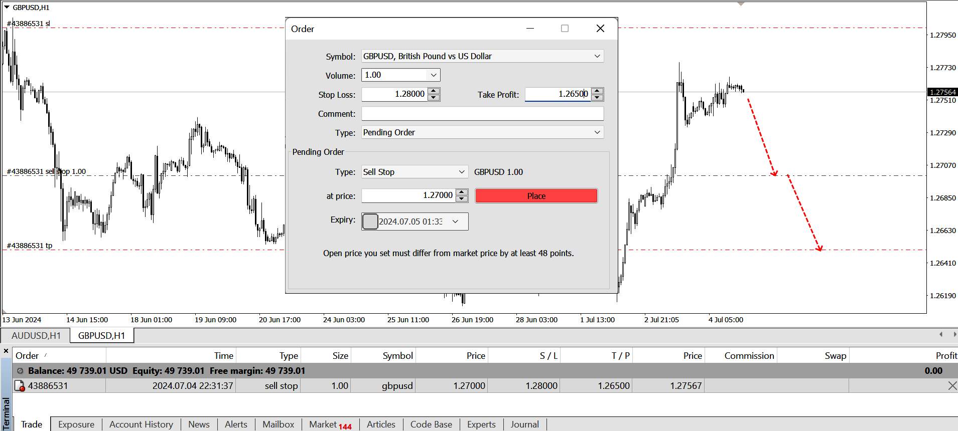 Example of SellStop order