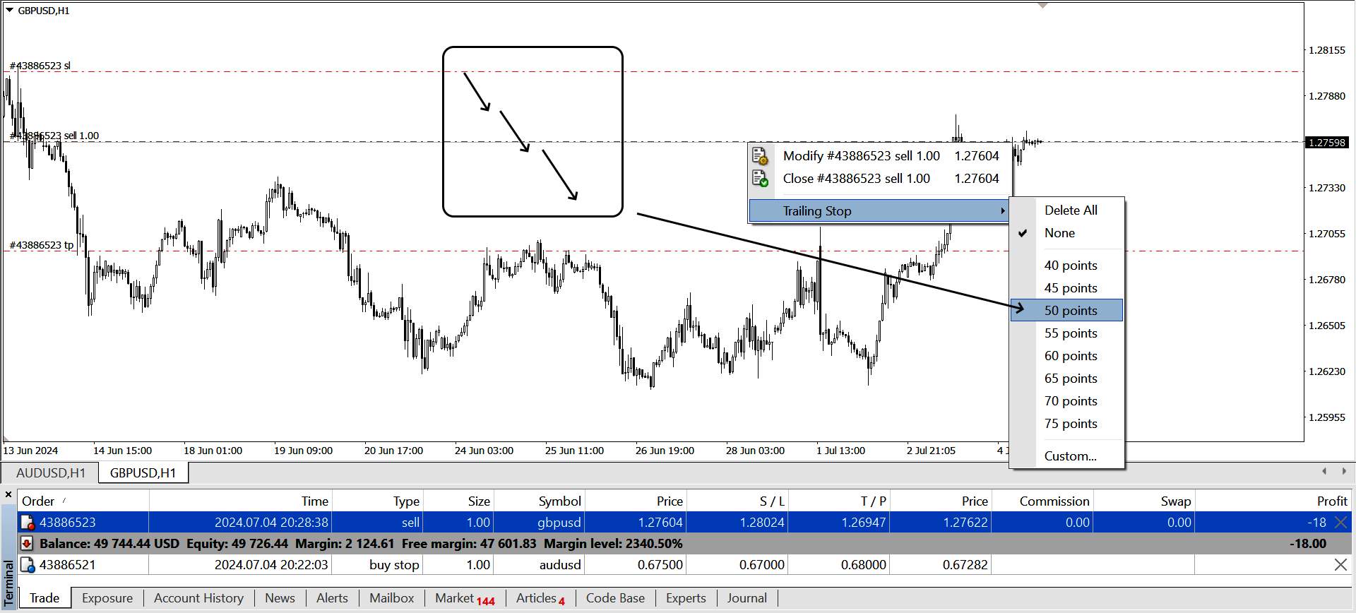 Example of Trailing stop order