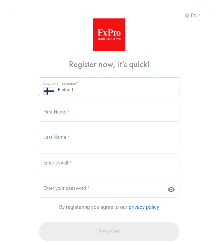 Rellenar el formulario de registro para inscribirse en FxPro Direct