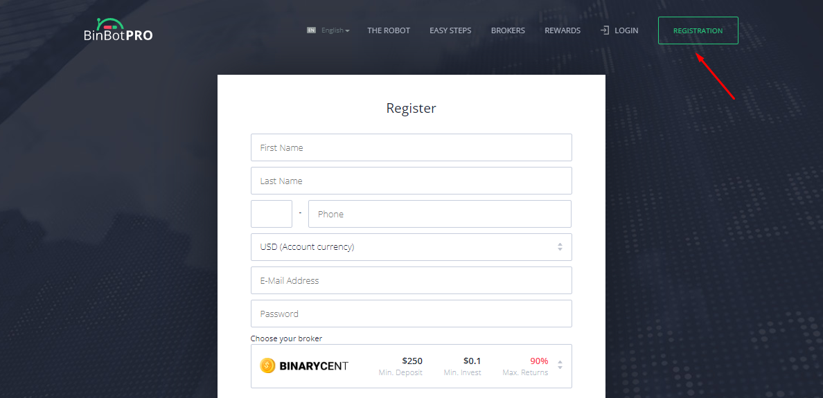 Overview of the BinBot Pro user account — Registration
