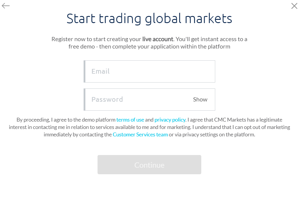 CMC Markets Review - Entering an email and password