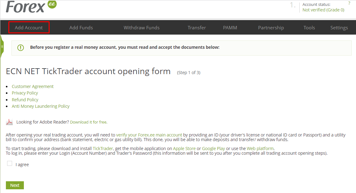 Review of Forex.ee’s User Account — Open a trading account