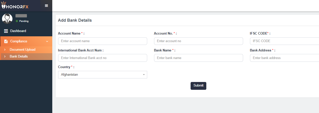 Review of HonorFX’s User Account — Verification of bank account