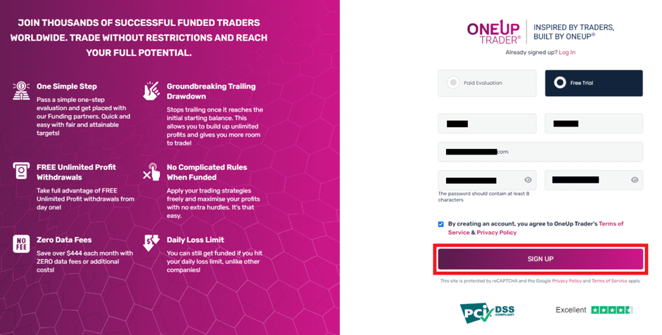 Panoramica dell’account personale di OneUp Trader— Registrazione
