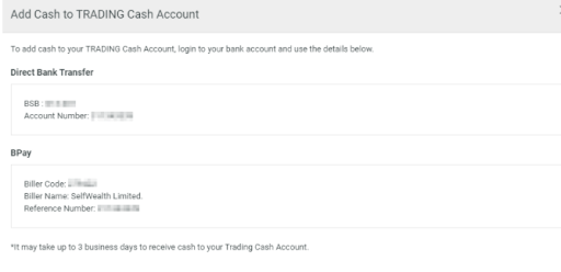 SelfWealth Personal Account Overview — Replenish the account balance