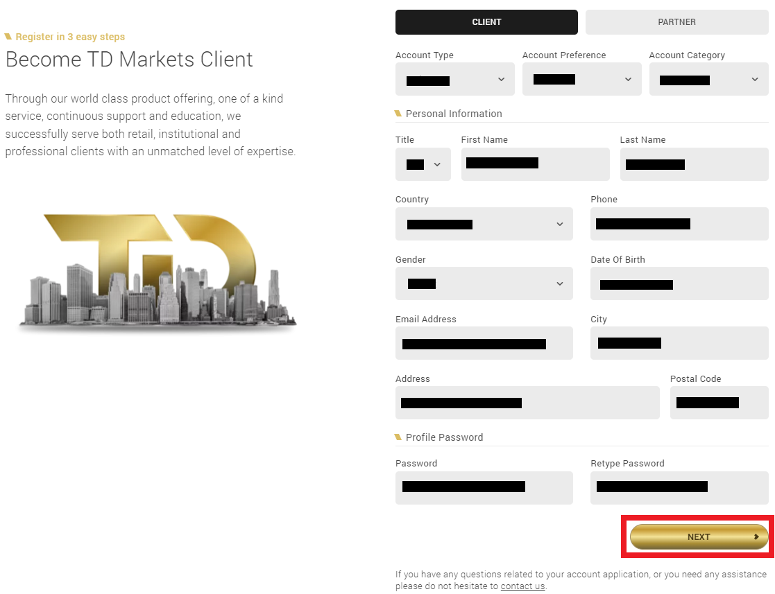 Review of TD Markets’ User Account — Completing the registration form