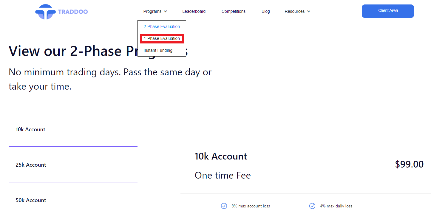 Review of Traddoo’s User Account — Choosing a challenge