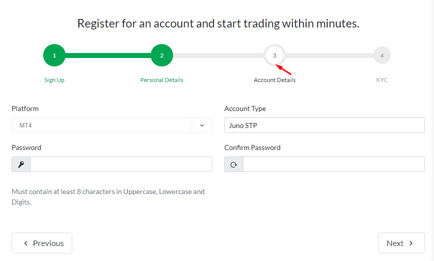Juno Markets ' 用户账户 - 选择账户类型