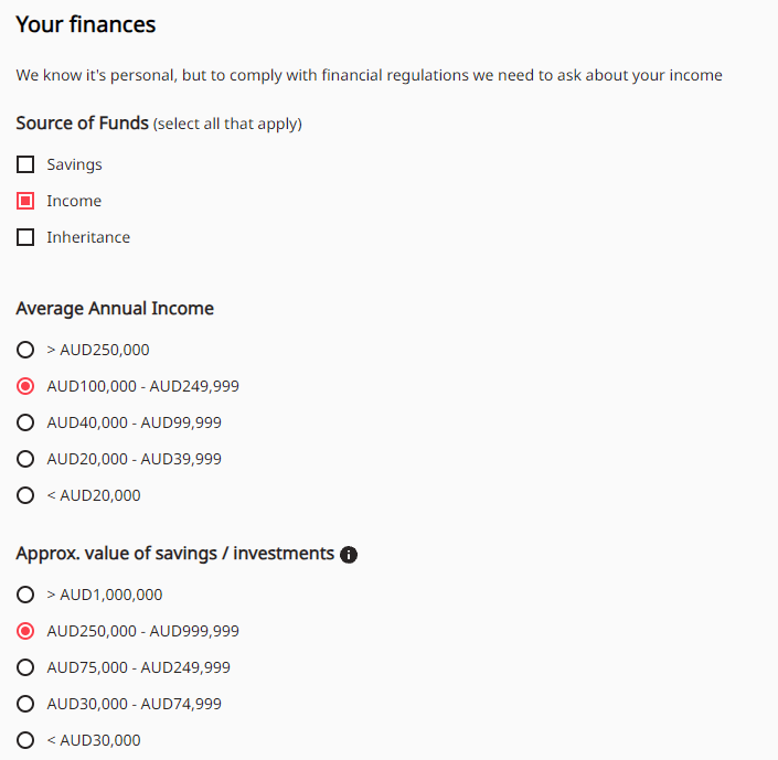 Review of Axi Select’s User Account — Answer questions about your income