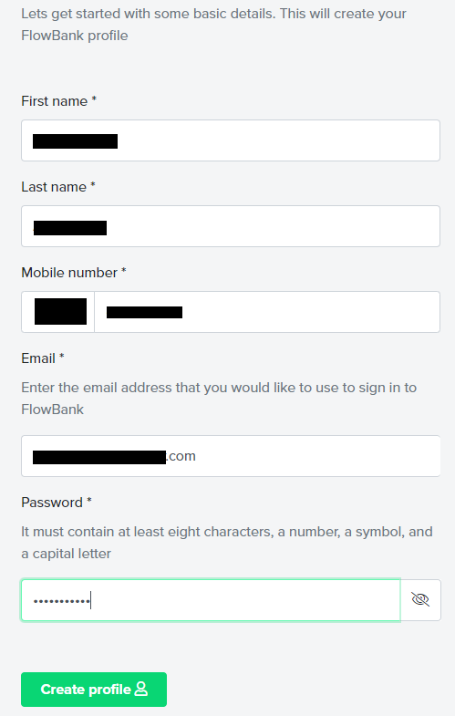 Review of FlowBank’s User Account — Filling out the registration form