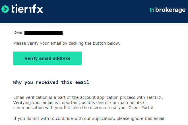 Review of Tier1FX’s User Account — Email confirmation