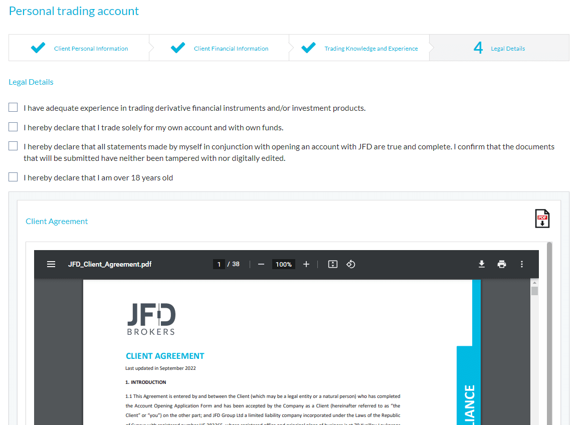 Revisión de JFD Brokers' Cuenta de usuario - Acuerdo de cliente