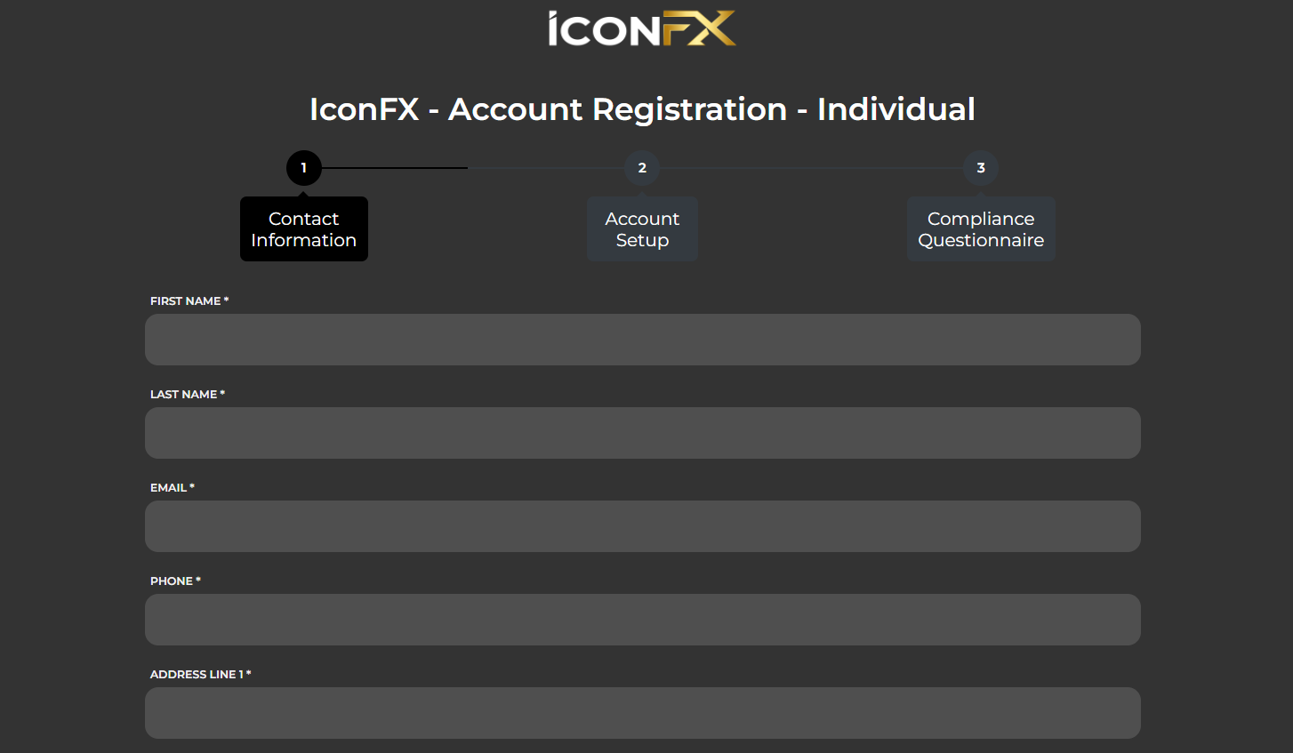 Revisión de la cuenta de usuario de Icon FX- Primer paso del registro de la cuenta de usuario.