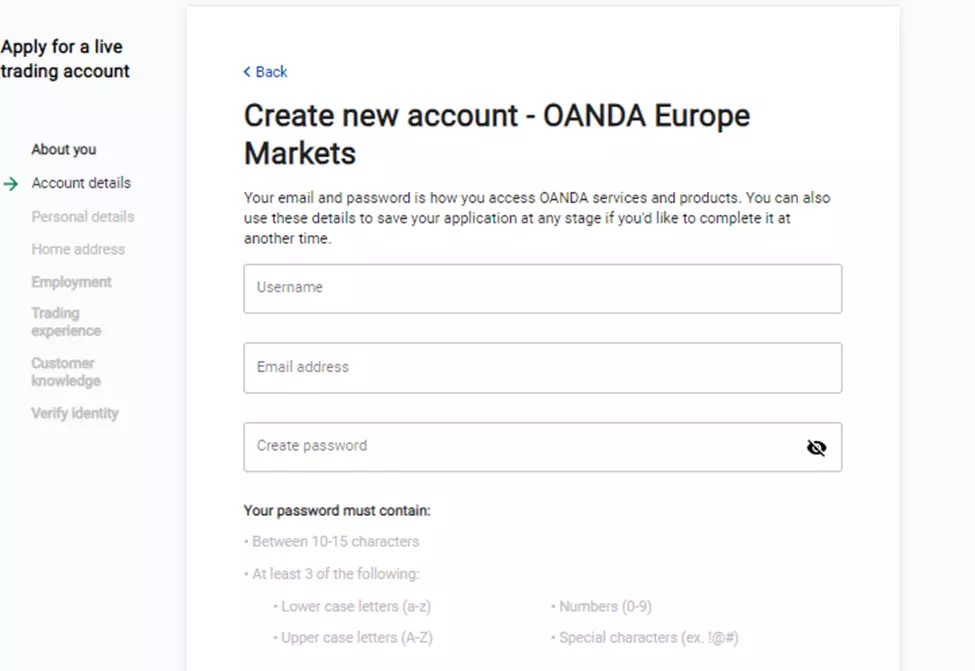 Creating a new OANDA account 