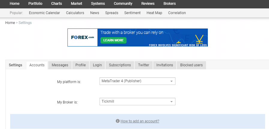 Configuración de la cuenta de copia de trading de MyFxBook