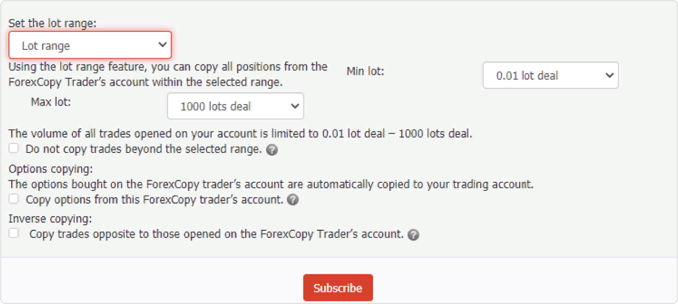 ForexCopy Review - Copy options selection