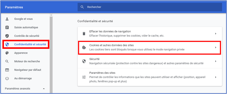 Google Chrome — Confidentialité et sécurité