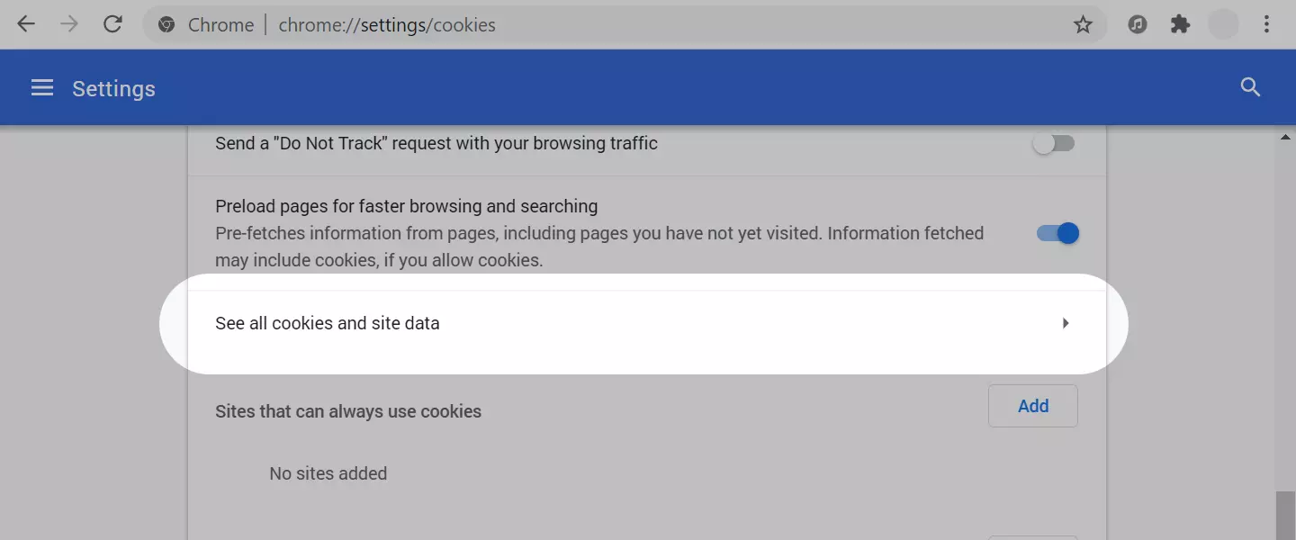 Google Chrome - All cookies and site data