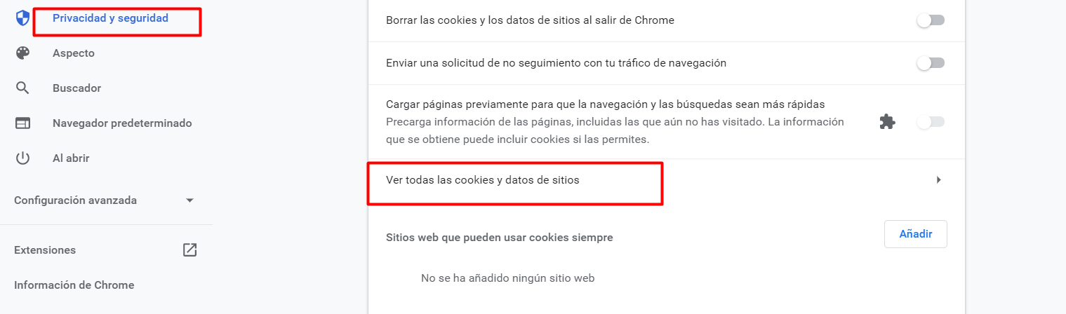 Google Chrome - Todas las cookies y los datos de sitios
