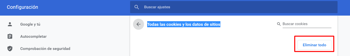 Google Chrome - Eliminar cookies y datos de sitios