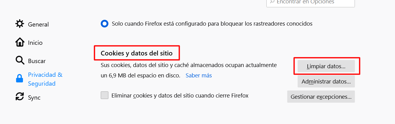 Mozilla Firefox - Cookies y datos del sitio