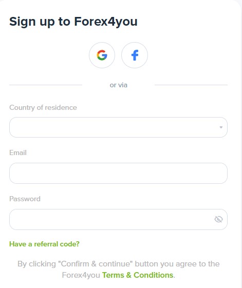 Forex4You registration form