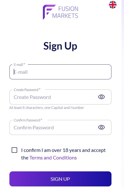 Fusion Markets registration form