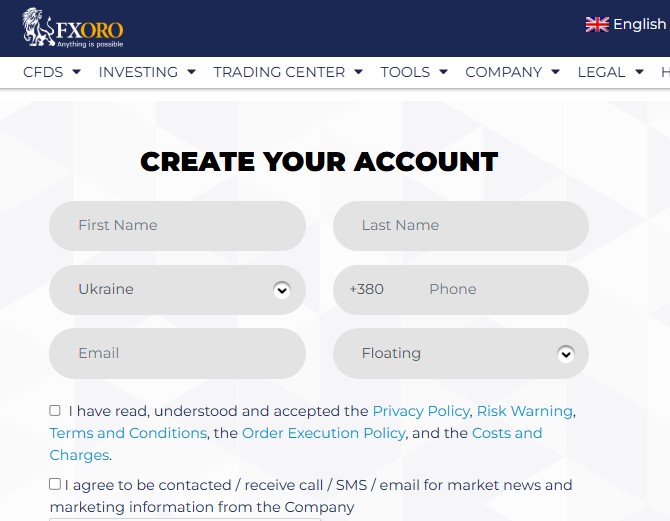 FXORO registration form
