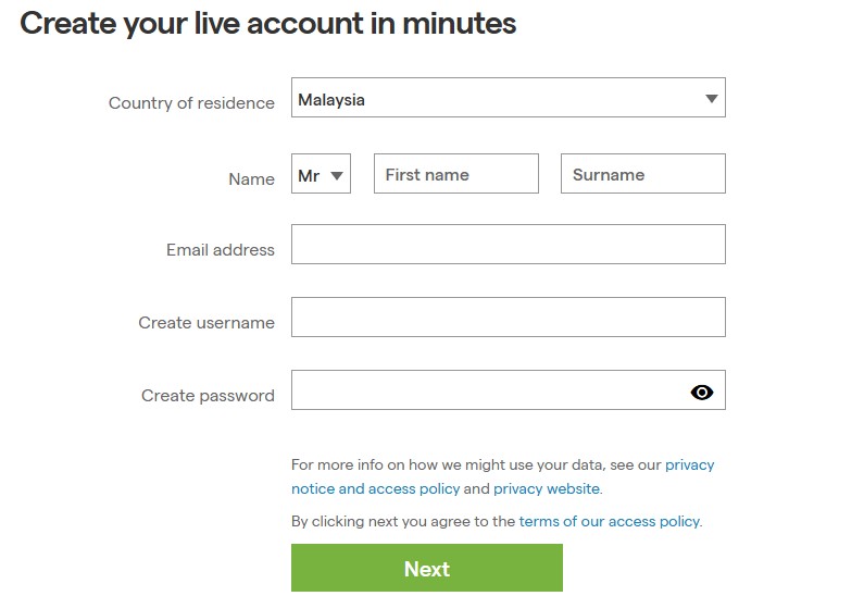 IG Markets registration form