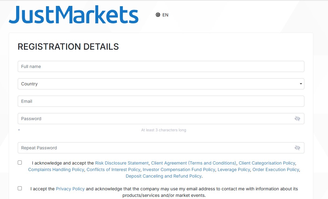 JustMarkets registration form