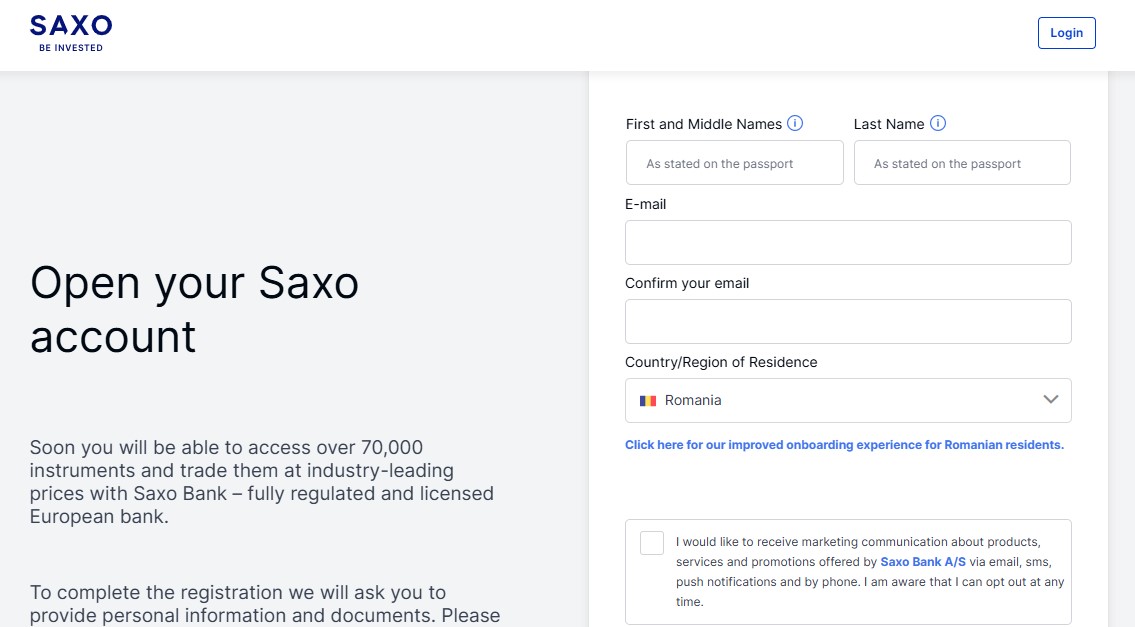 Saxo Bank registration form