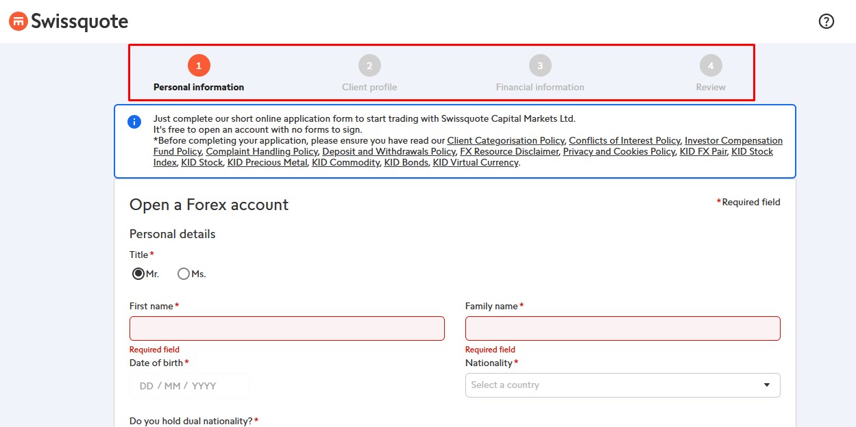 Swissquote Bank registration form