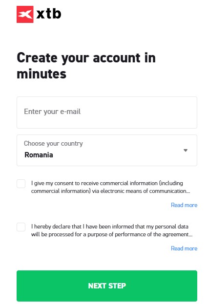 XTB registration form 