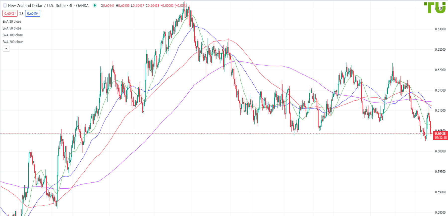 The kiwi/dollar returned to support at 0.6040
