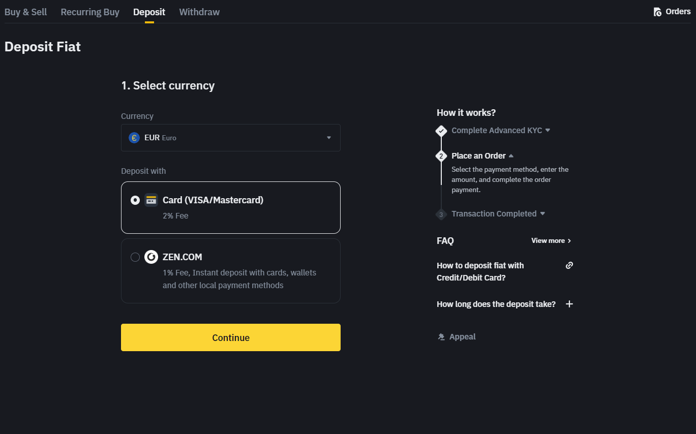 Пополнение счета на Binance