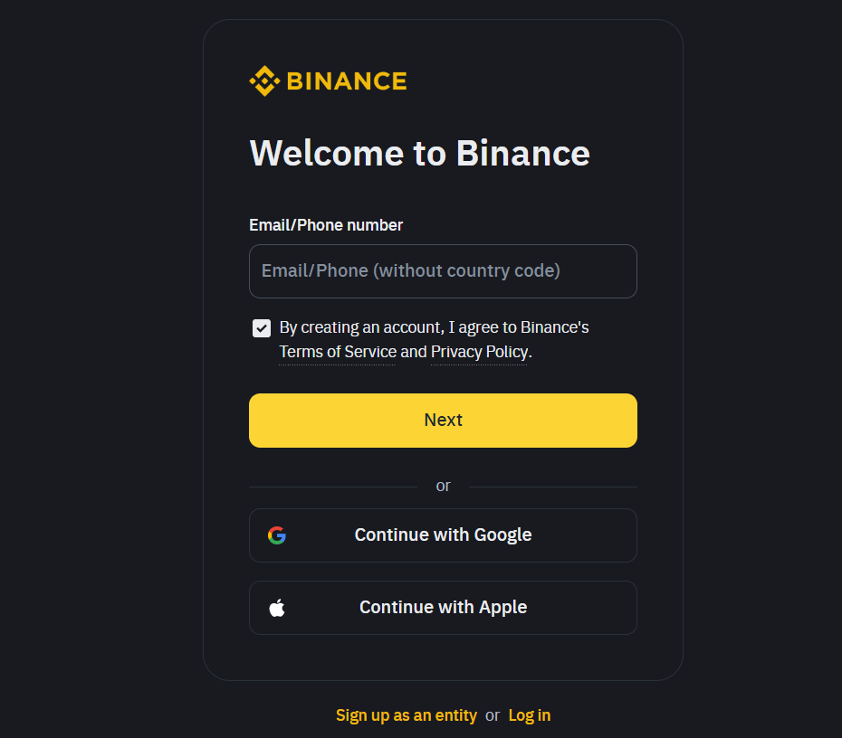 Регистрация на Binance