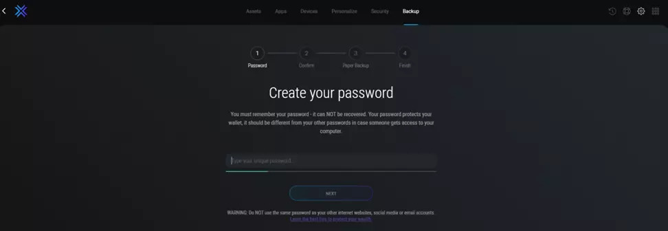 Установка пароля Exodus Wallet