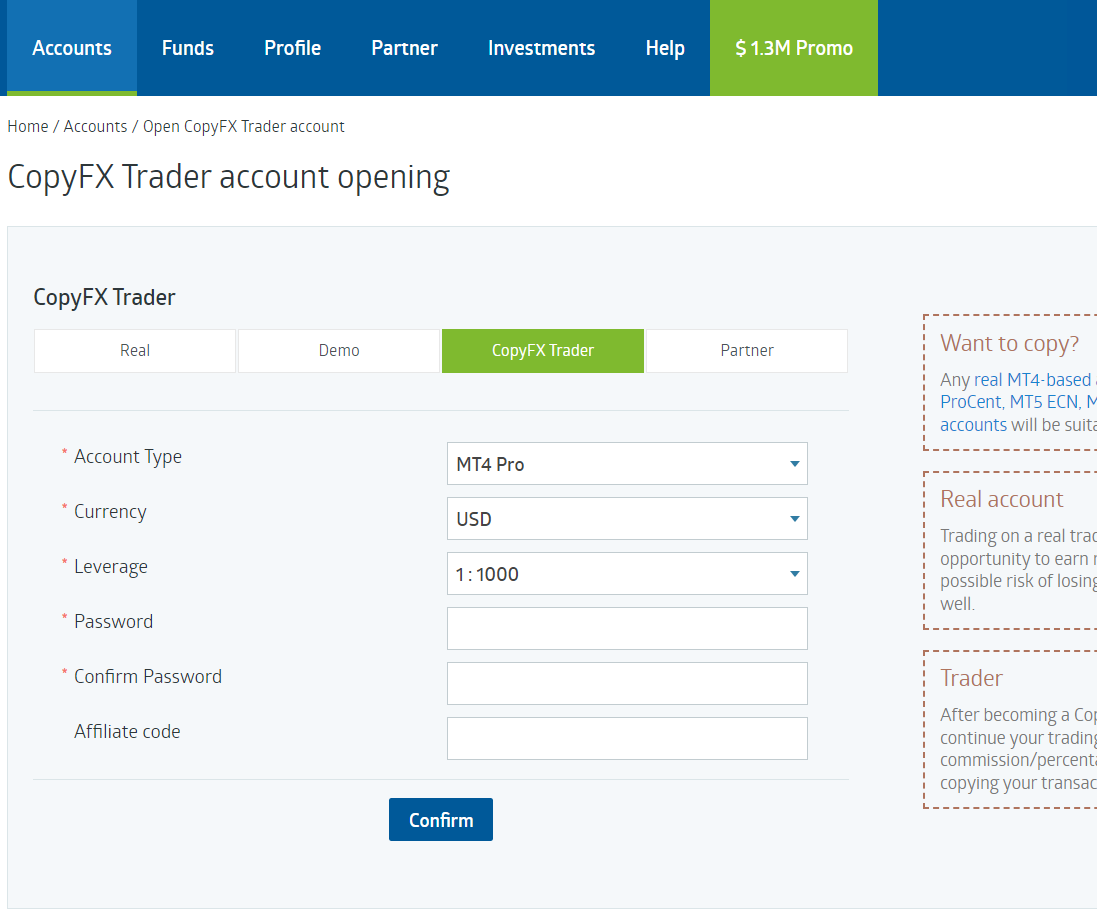 Открытие специального счета для копитрейдинга у RoboForex