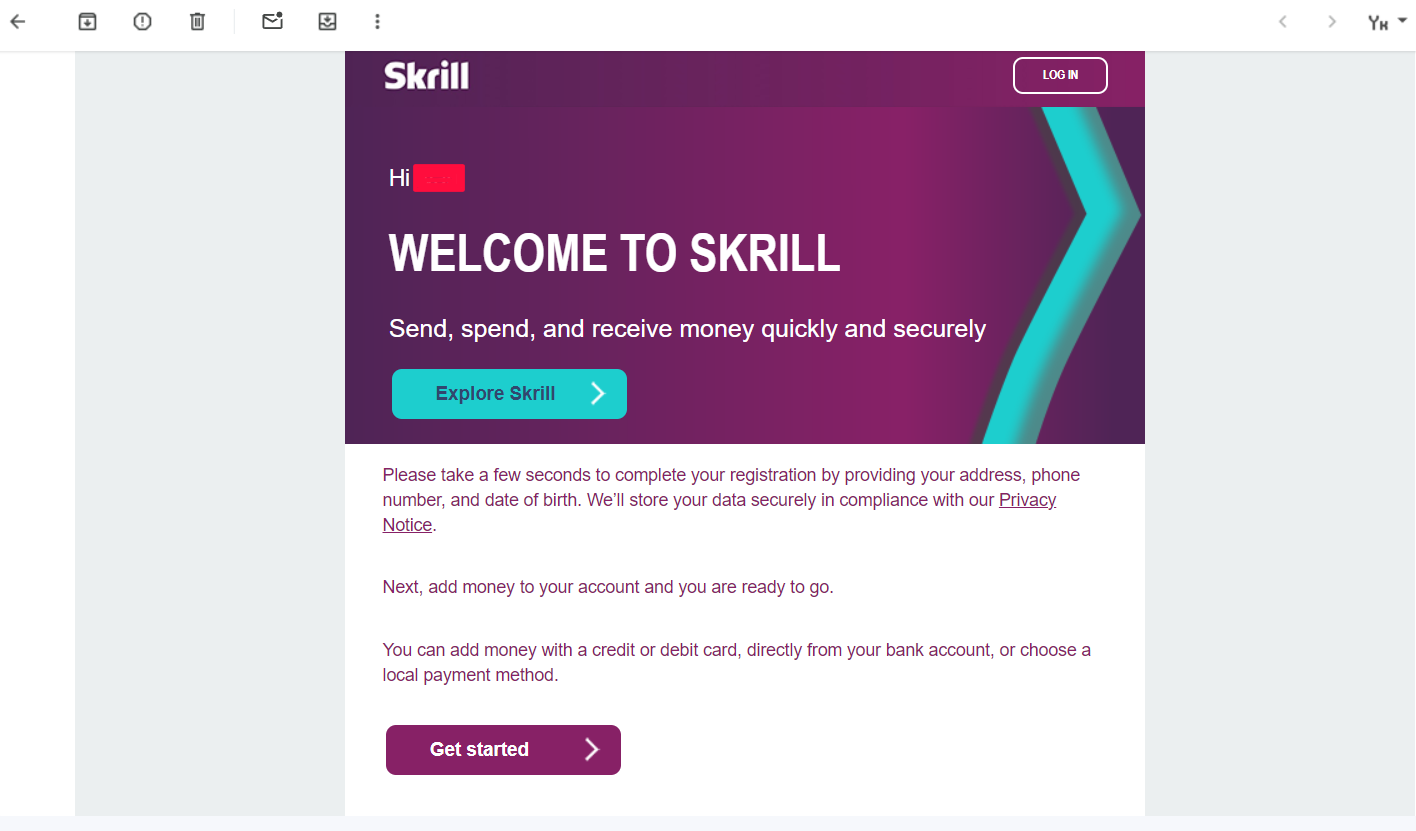 Подтверждение регистрации на Skrill