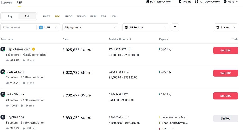 Выбор контрагента на Binance P2Р
