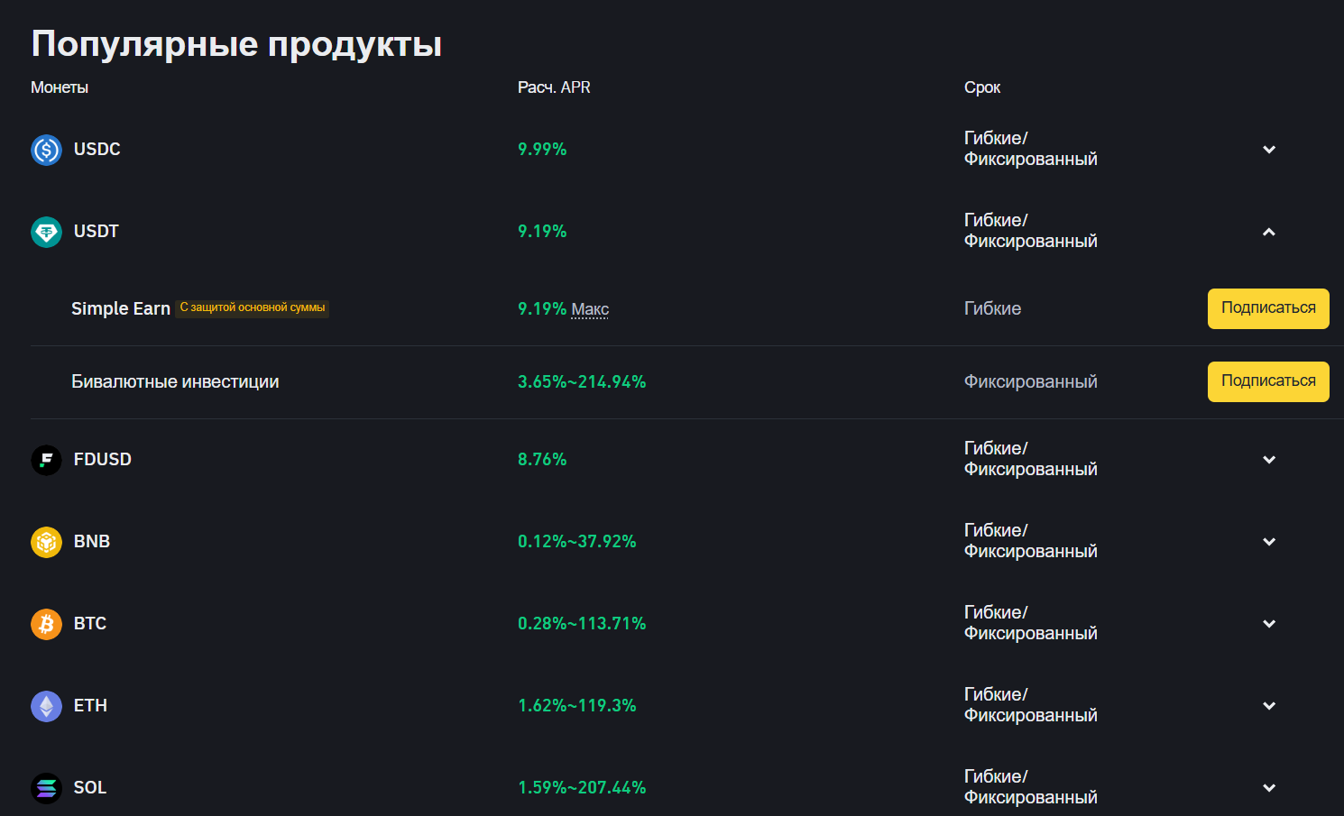 Выбор монеты и условий стейкинга на Binance