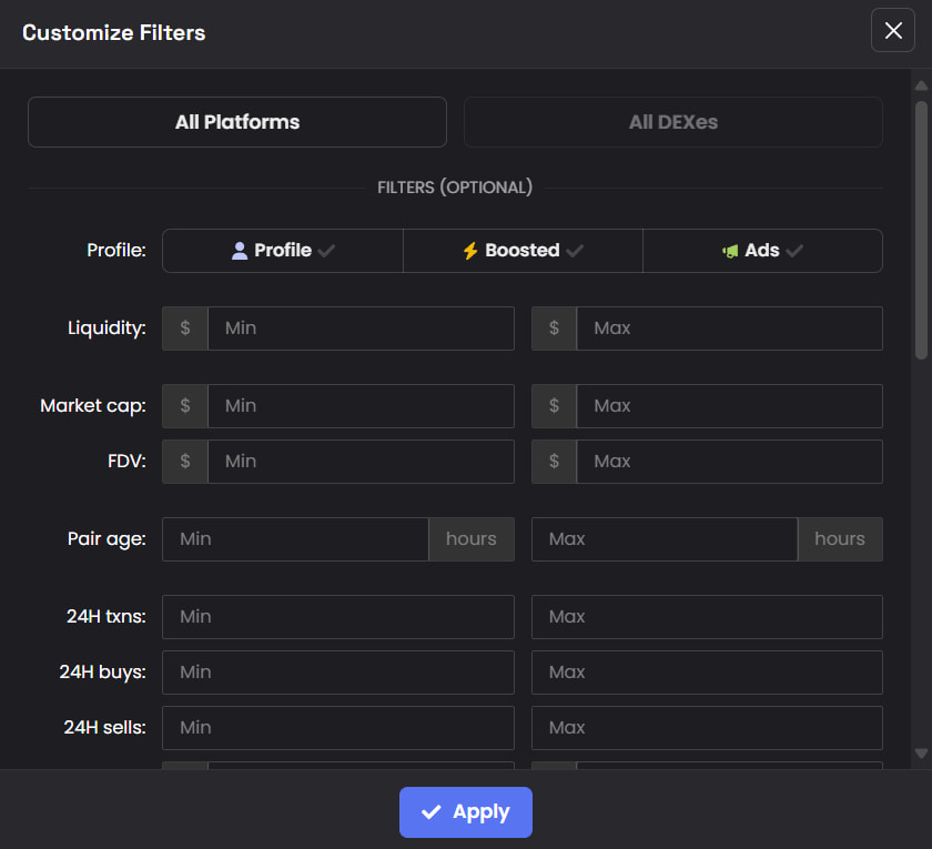 Фильтры на DEX Screener
