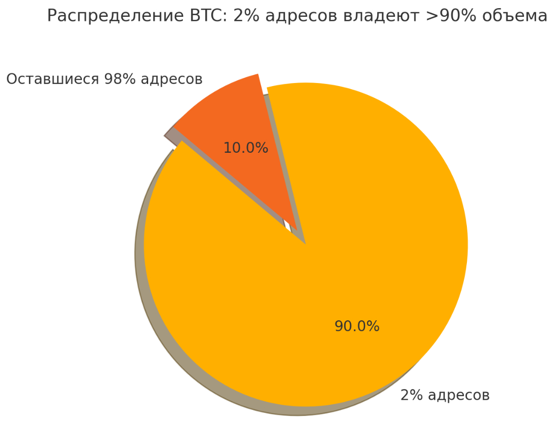 Инфографика распределения BTC: 2% адресов владеют более чем 90% всего объема