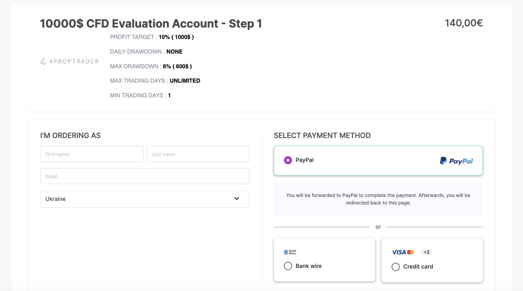 Обзор 4PropTrader – Форма оплаты челленджа