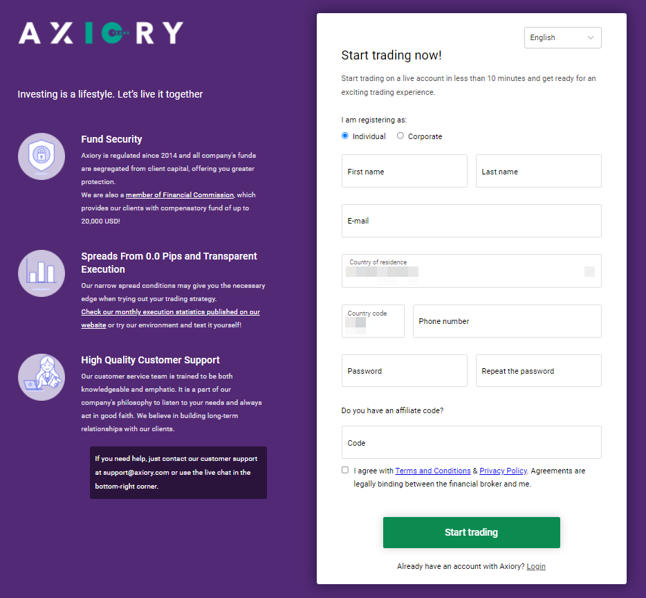 Обзор Axiory - Заполнение регистрационной формы